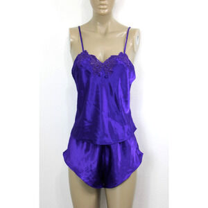 VTG Victoria's Secret Size M Purple Nighty Pajama Top Shorts Set Lace Gold Label